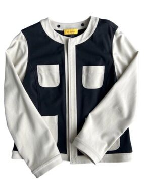 St. John Black and Stone Colorblock Zip Front Jacket with Hood